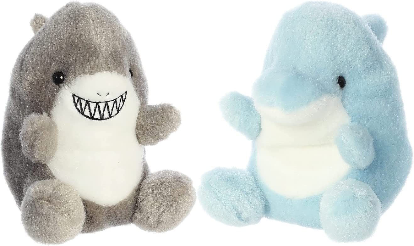 Aurora Palm Pals Clicks Dolphin close-up in soft blue fabric for gentle cuddles