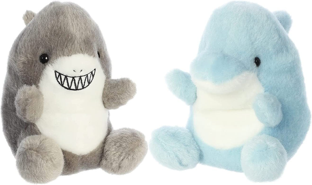 Aurora Palm Pals Clicks Dolphin close-up in soft blue fabric for gentle cuddles