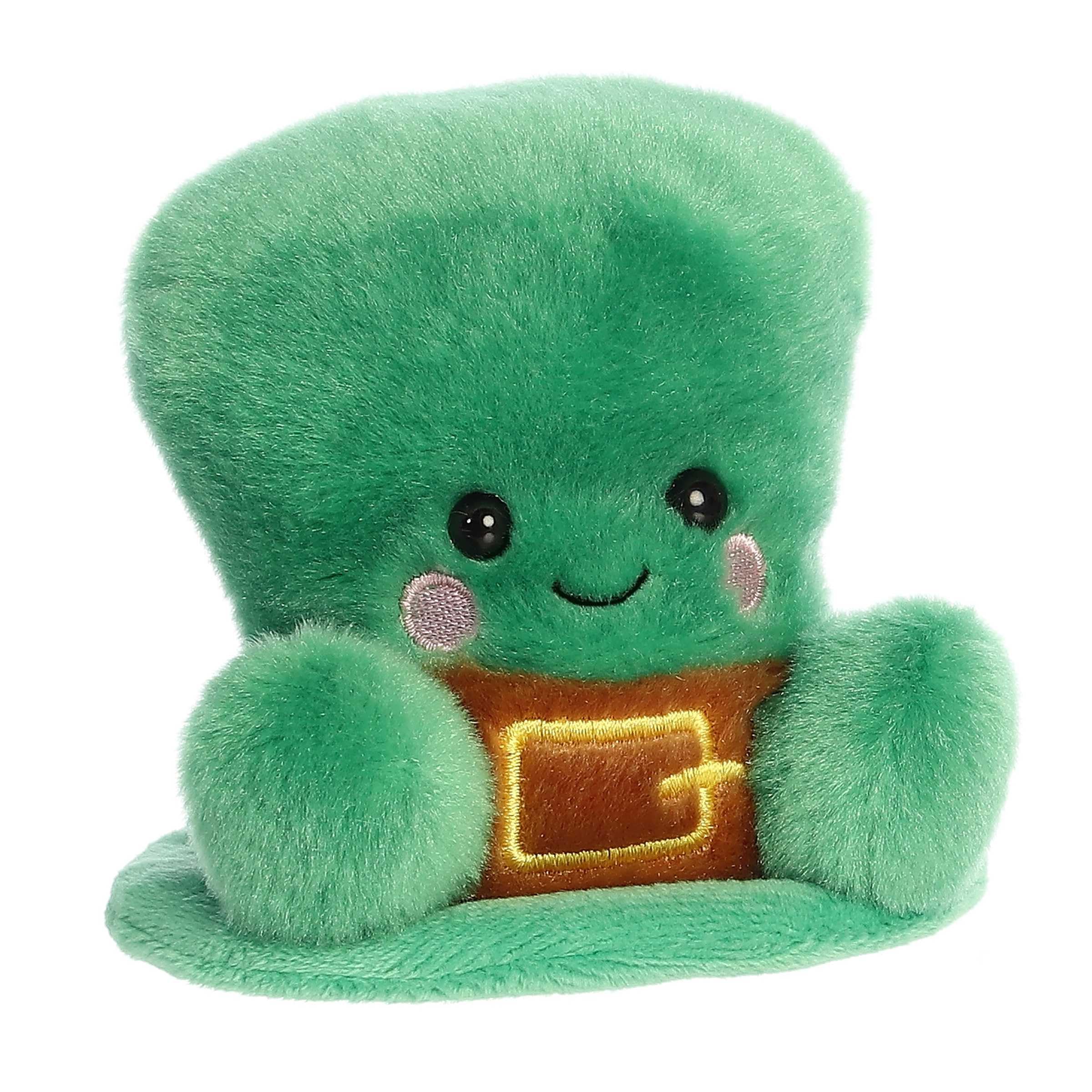 Aurora Finnigan Leprechaun Hat plush close-up; soft green fabric and stitched seams ideal for safe play.