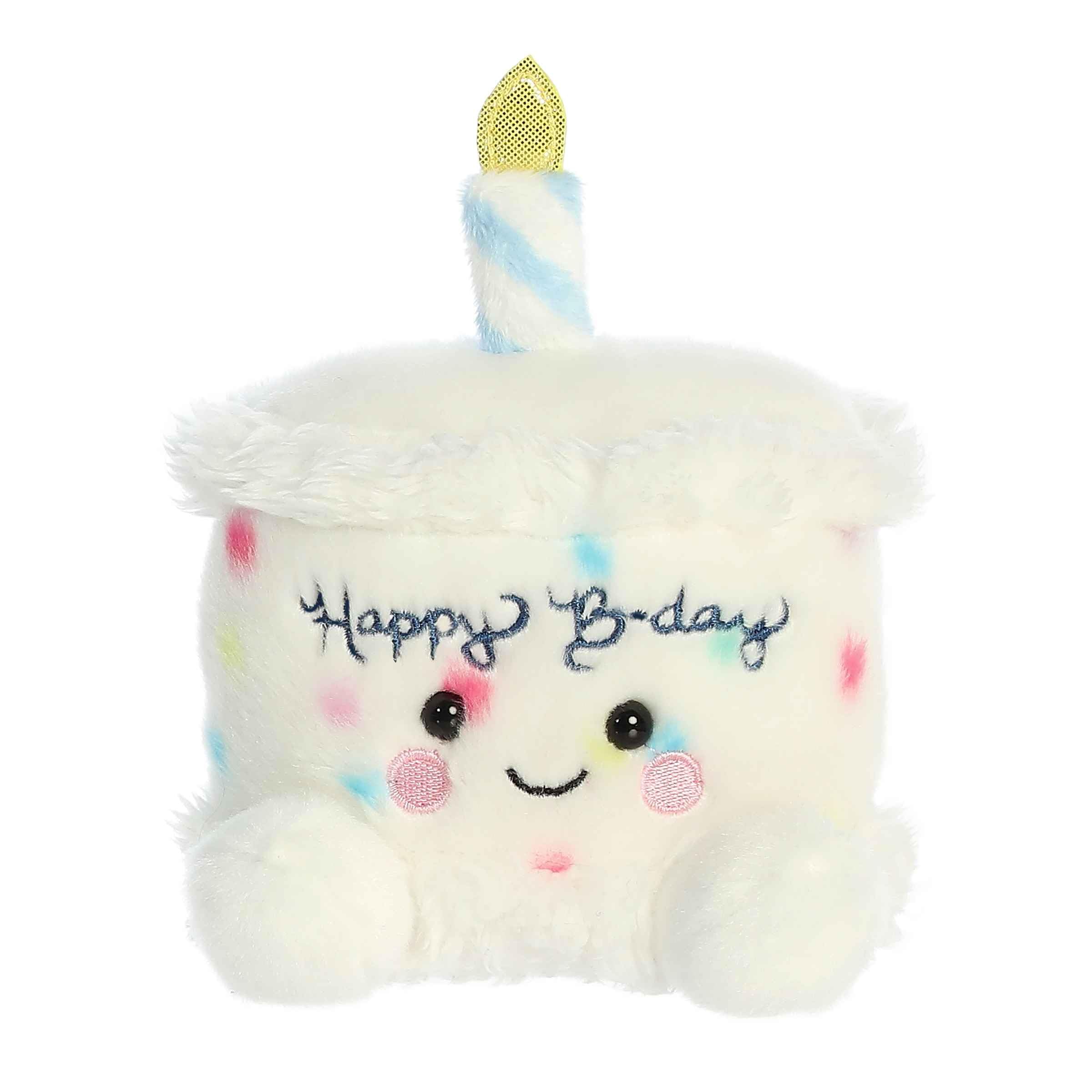 Aurora Palm Pals Happy B'Day Cake plush, 5-inch size, perfect desk decor or gift.
