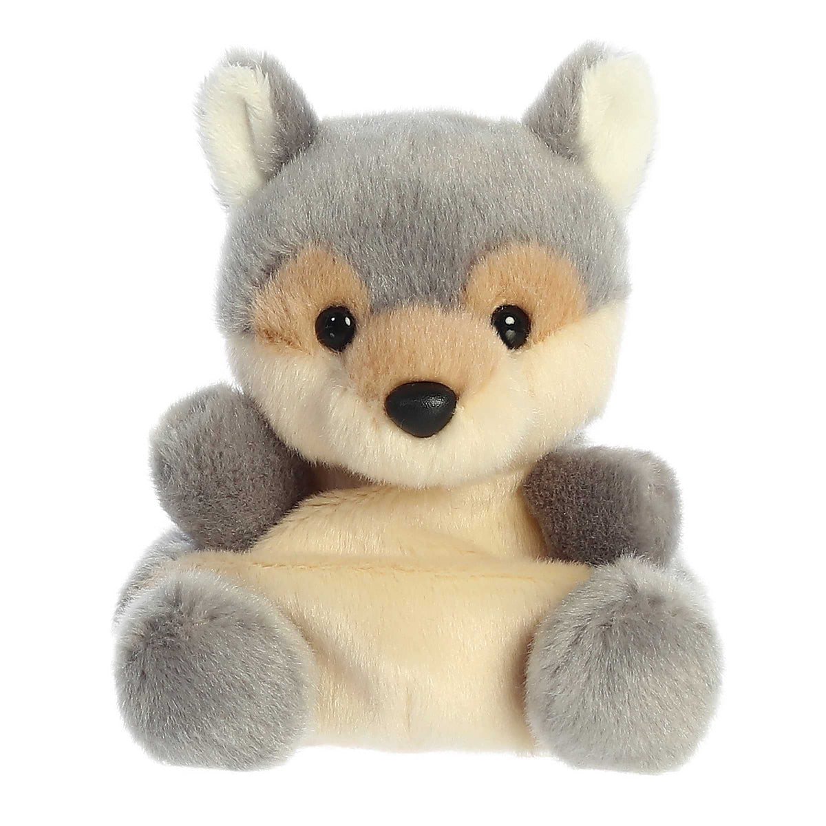 Aurora Palm Pals Lucian Wolf gray 5-inch plush in hand for everyday cuddling and display.