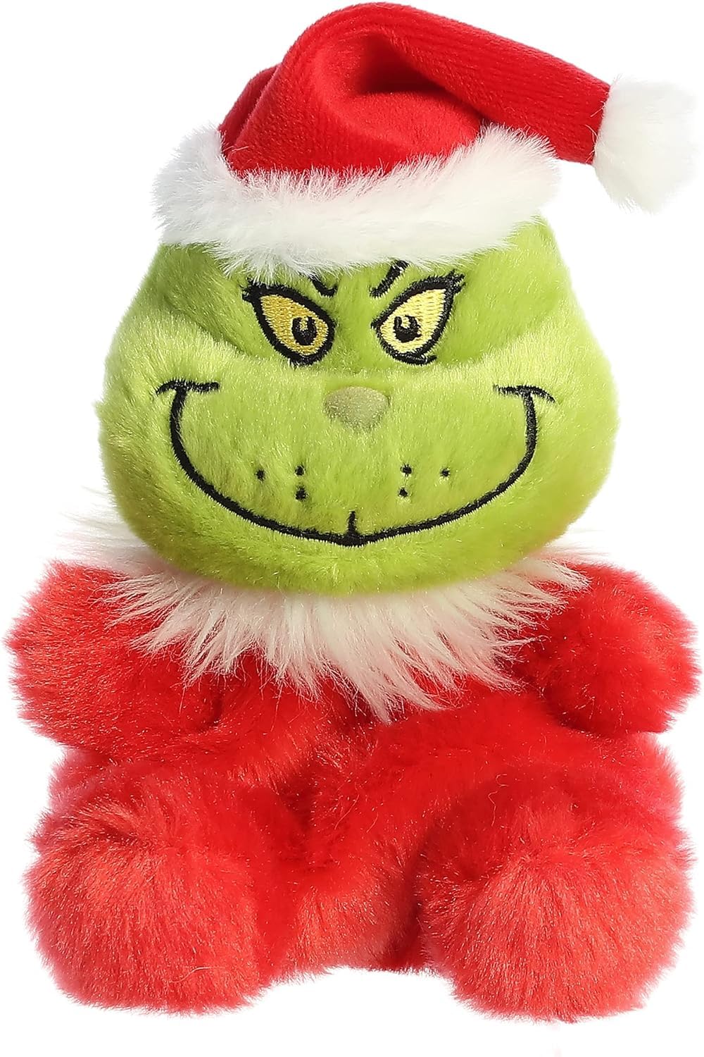 Aurora Palm Pals Santa Grinch plush peeking from a stocking for festive mischief.