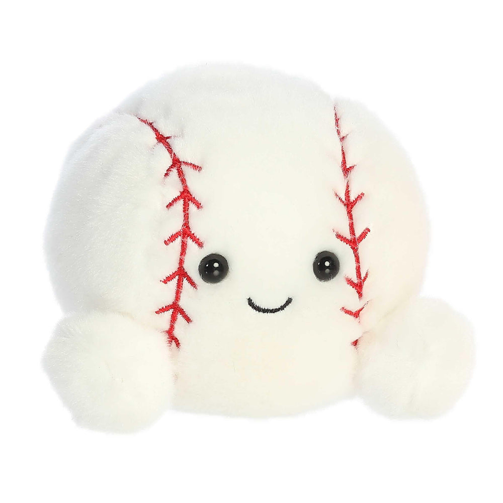 Close-up of Slugger's friendly face and plush softness for comforting play.