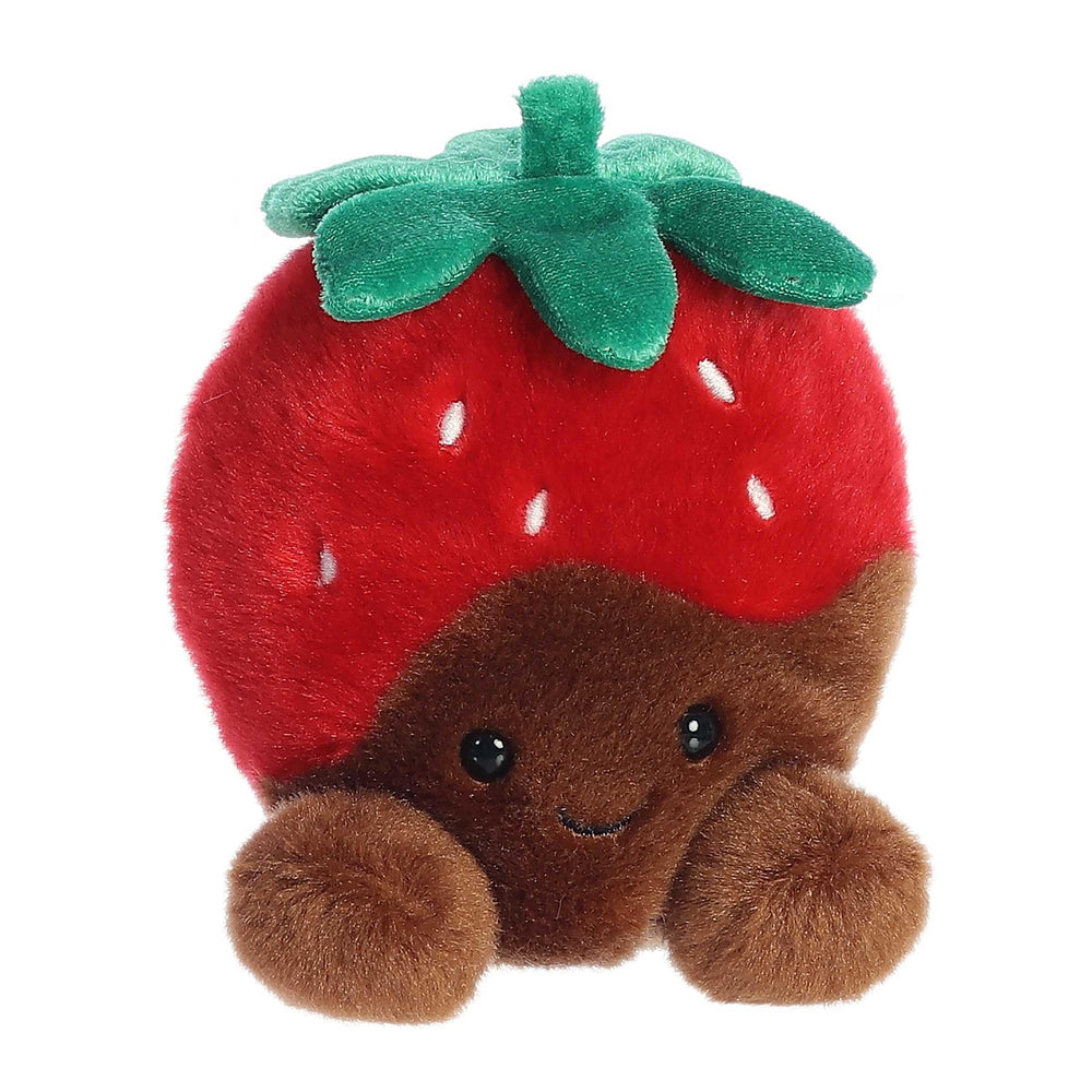Aurora Palm Pals Valentino Chocolate Strawberry plush, side view, compact pocket-sized toy for small hands.