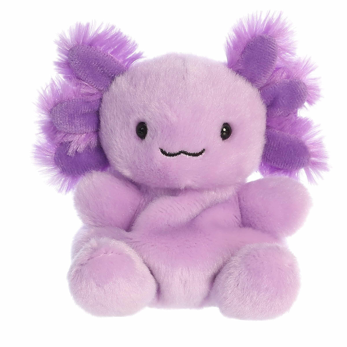 Aurora Xavier Purple Axolotl palm pals front view, soft plush for cozy playtime.