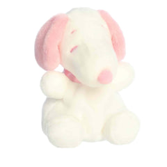 Aurora Snoopy Palm Pal front view in pink and white, cuddly companion for cozy hugs.