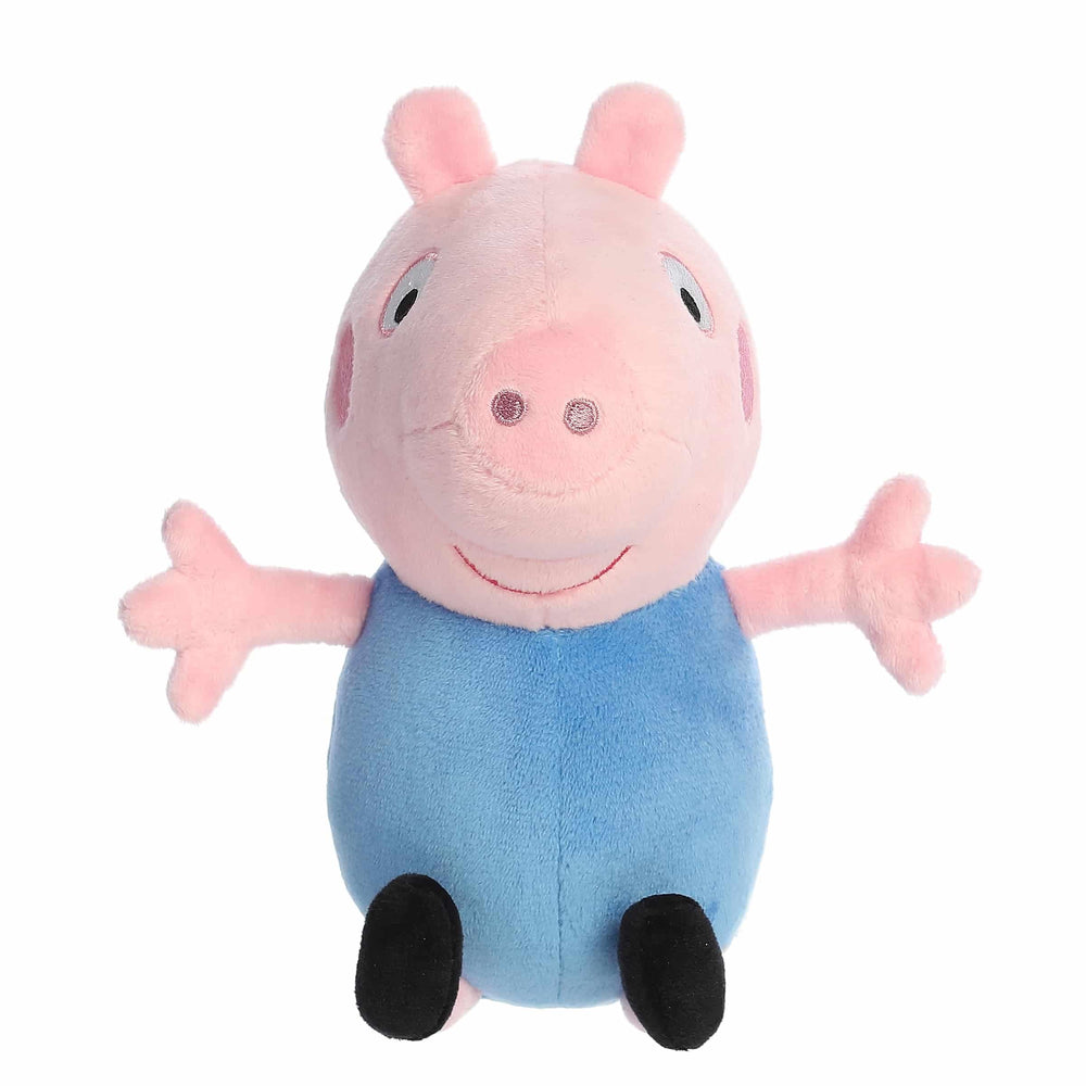 Aurora George Pig plush blue shirt detail, faithful Peppa Pig character design.