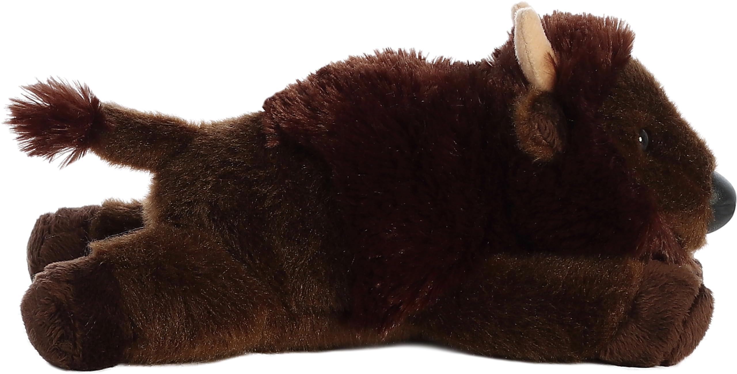 Aurora Plains Mini Bison resting on belly for easy cuddling and play.