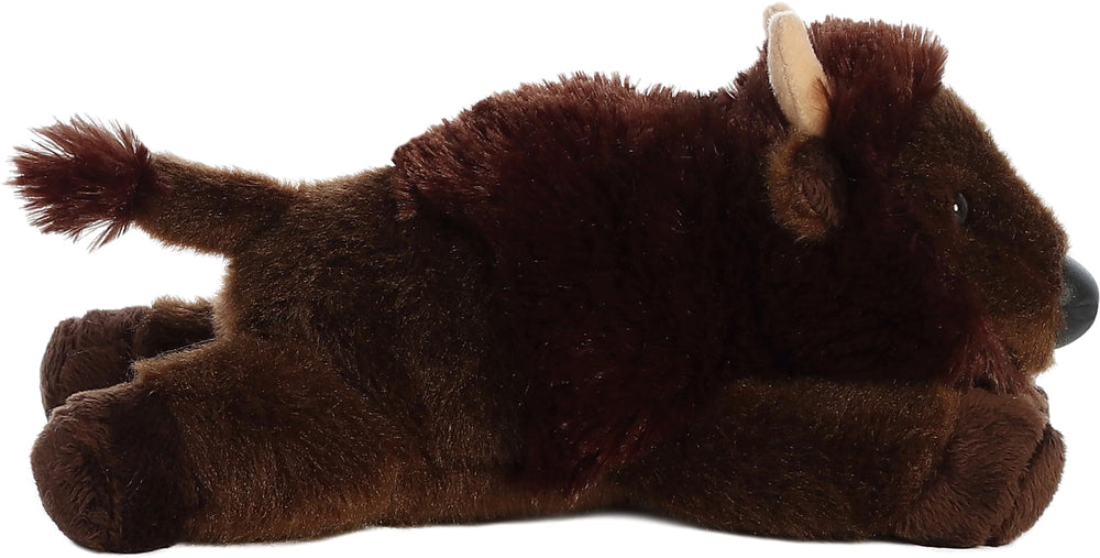 Aurora Plains Mini Bison resting on belly for easy cuddling and play.