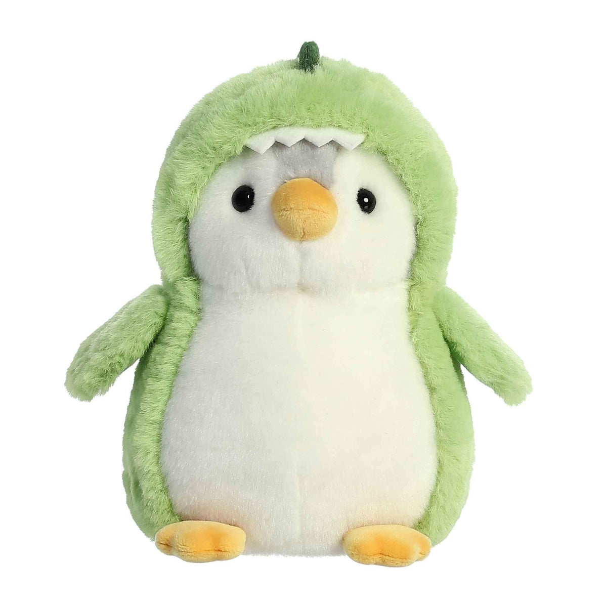Aurora Playful Pompom Penguin Dino in a green hoodie offers cozy, imaginative cuddles.