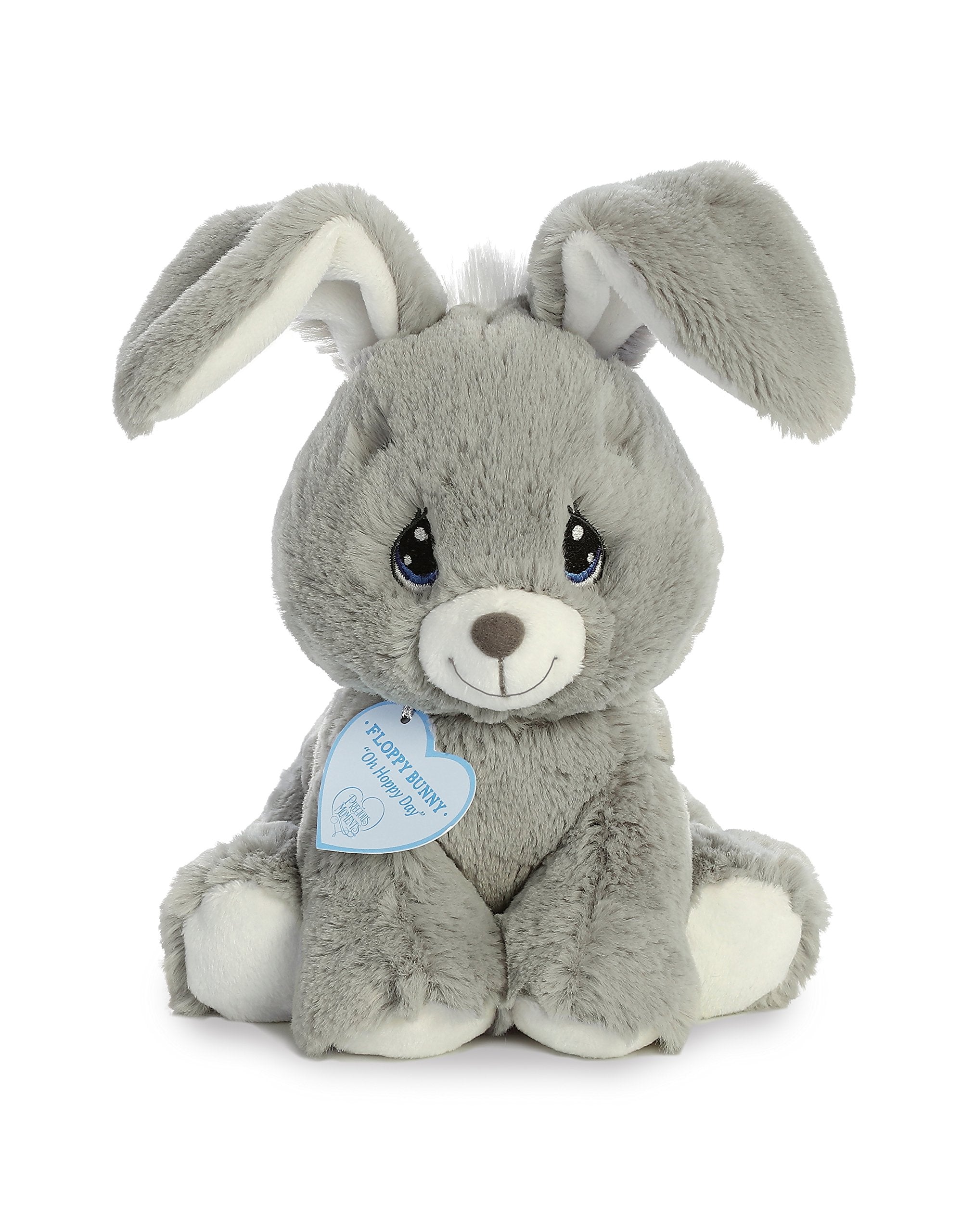 Aurora Precious Moments floppy bunny grey with embroidered eyes, ideal cuddling companion.