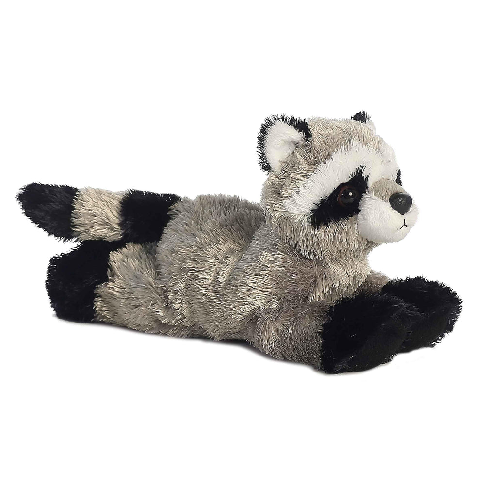 Aurora Rascal plush with gray fur and black mask, ideal for cozy cuddles.