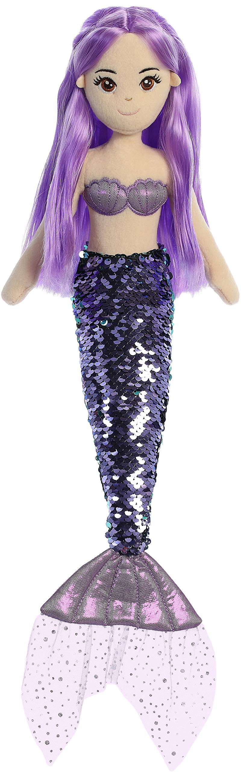 Aurora Sea Sparkles Jenna tail close-up shows reversible teal and purple scales