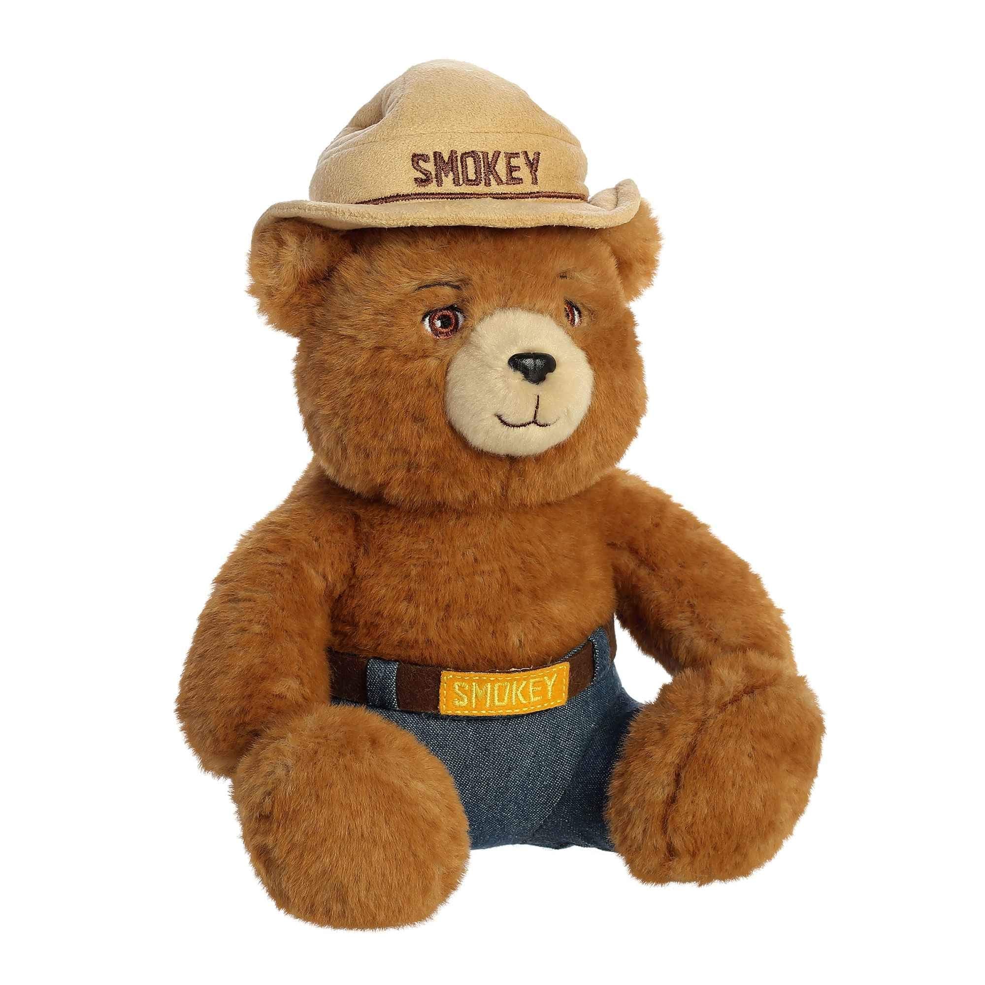 Aurora Smokey Bear close-up face showing soft plush texture.