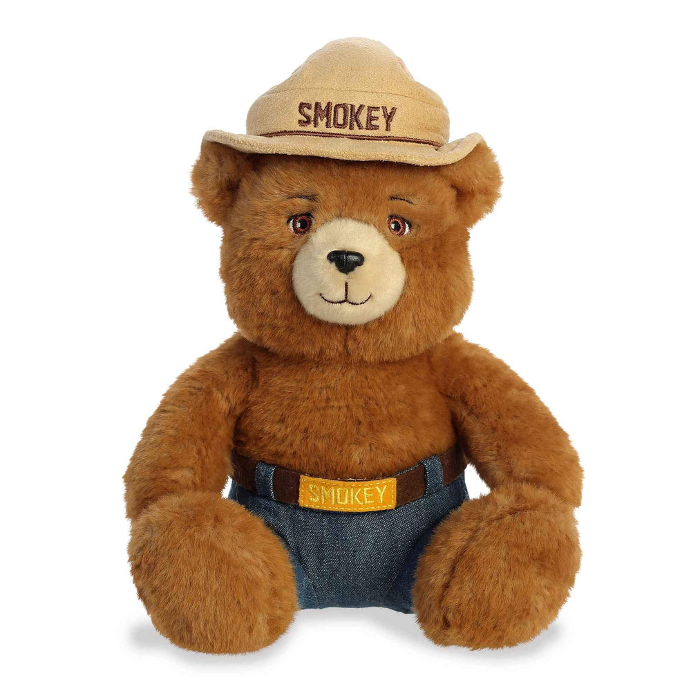 Aurora Smokey Bear plush with hat and jeans, ideal for imaginative play.