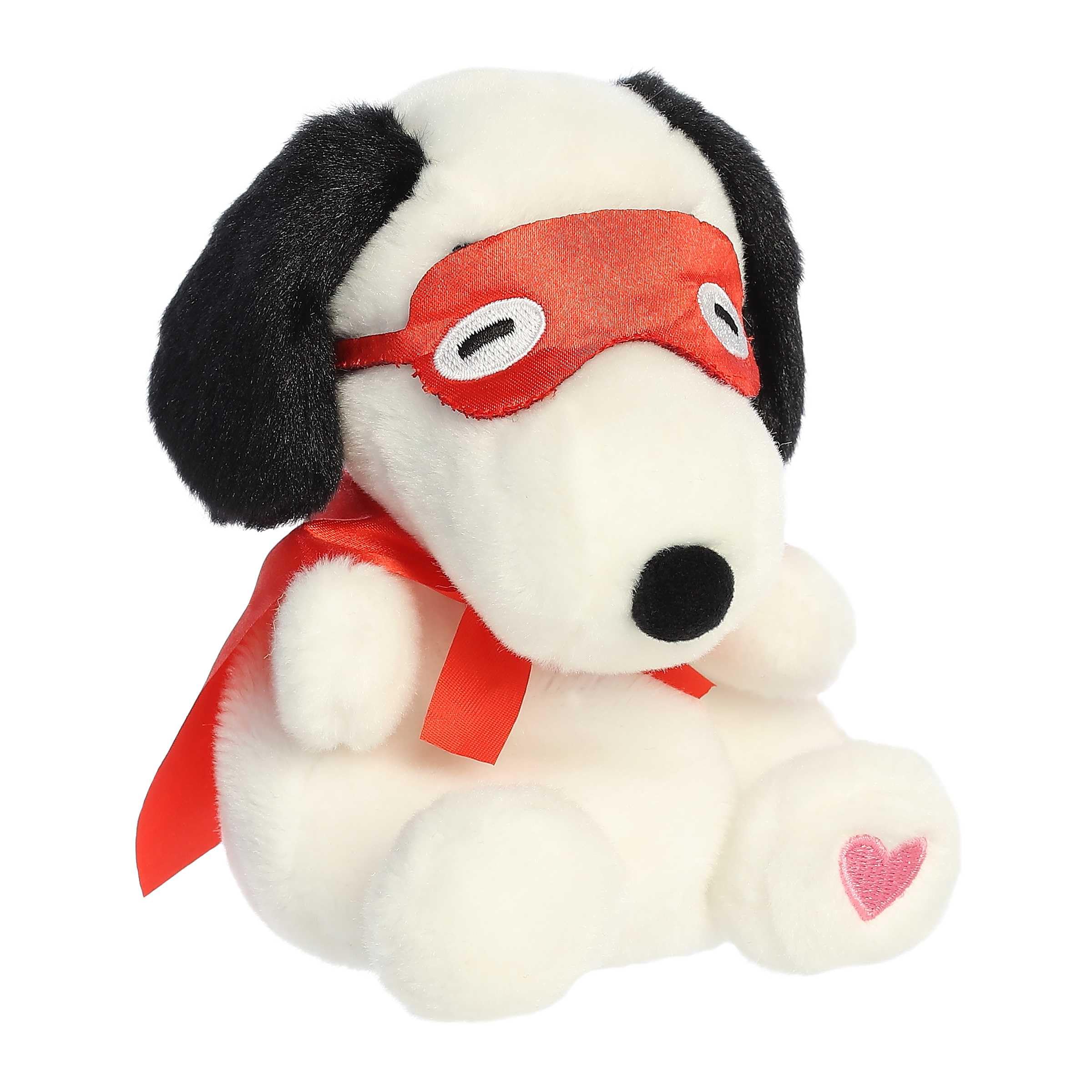 An Aurora Snoopy Kissing Bandit Palm Pal handheld plush for easy cuddling.