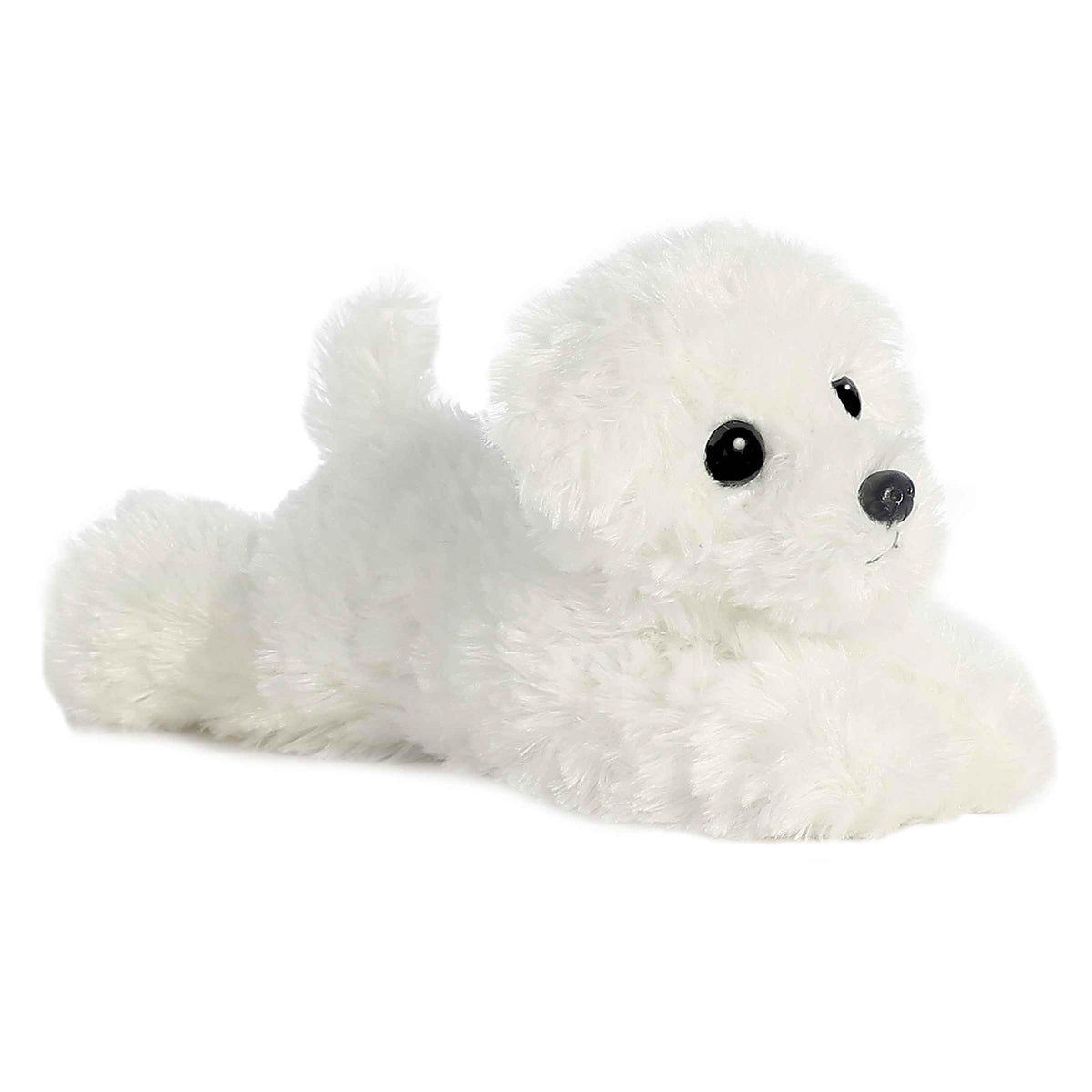 Aurora Snowball Mini Flopsie plush with 8-inch white fur for cuddling and play.