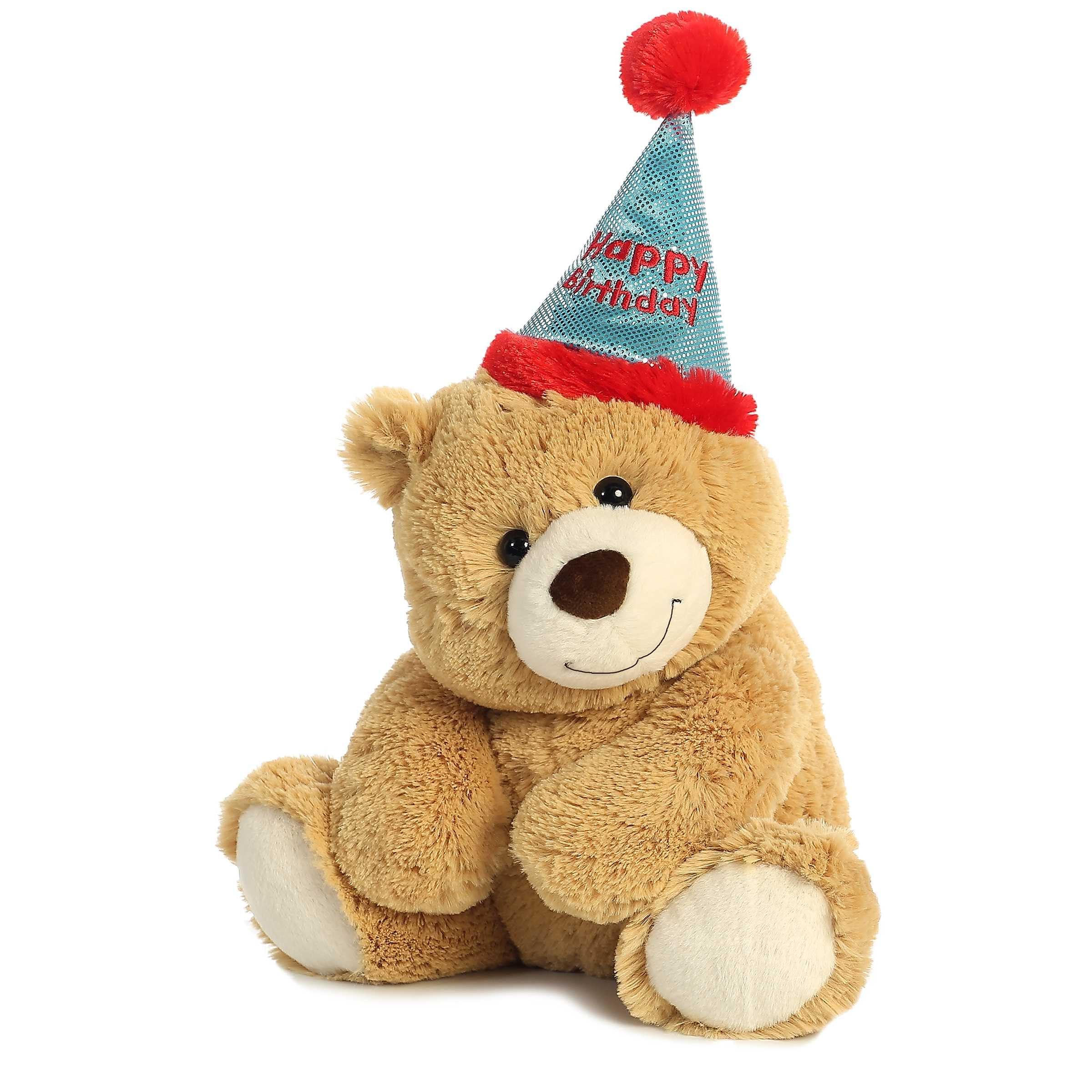 Aurora Snuggly Birthday Bear with a birthday cap ready for festive hugs.