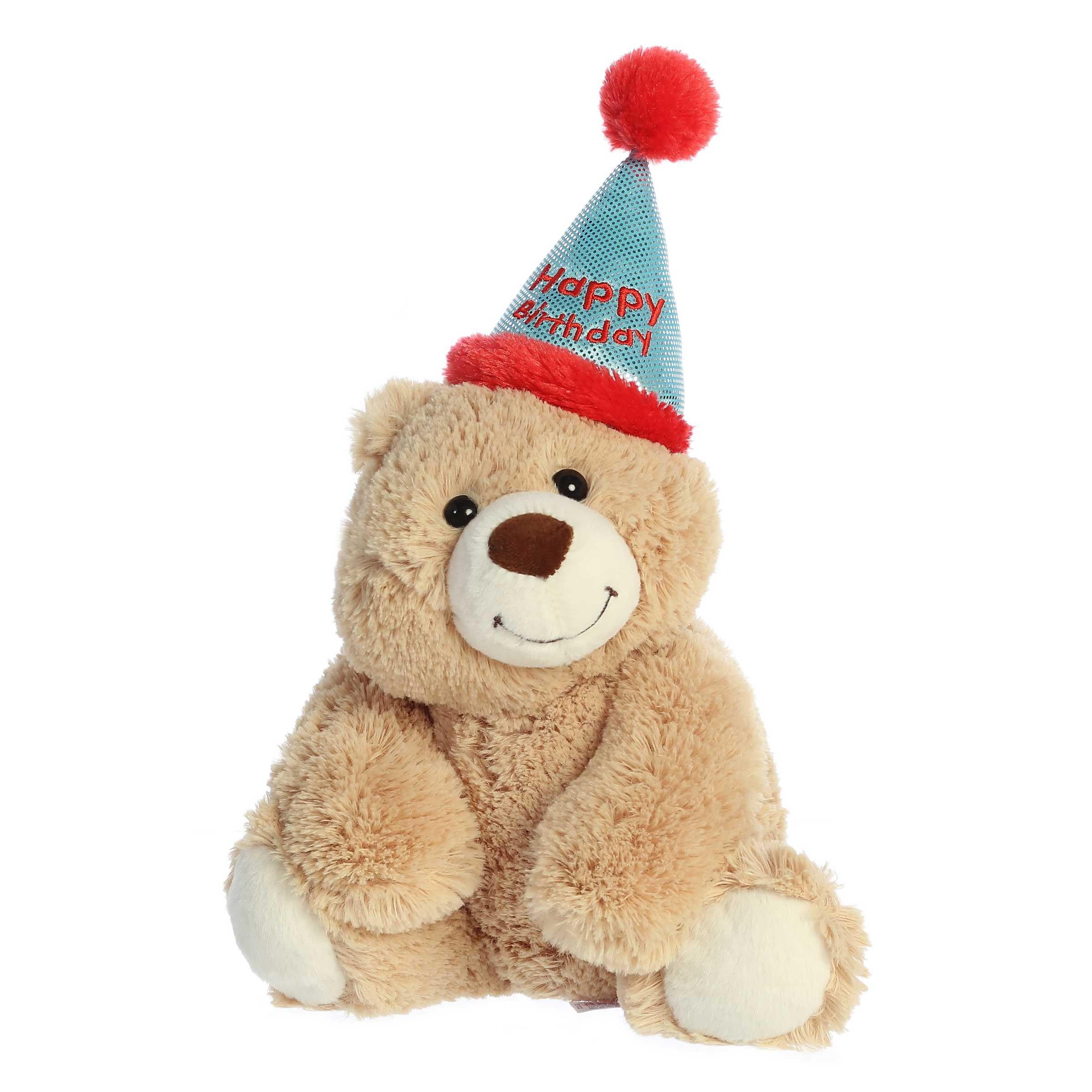 Close up of Aurora Snuggly Birthday Bear's warm smile inviting comfort.