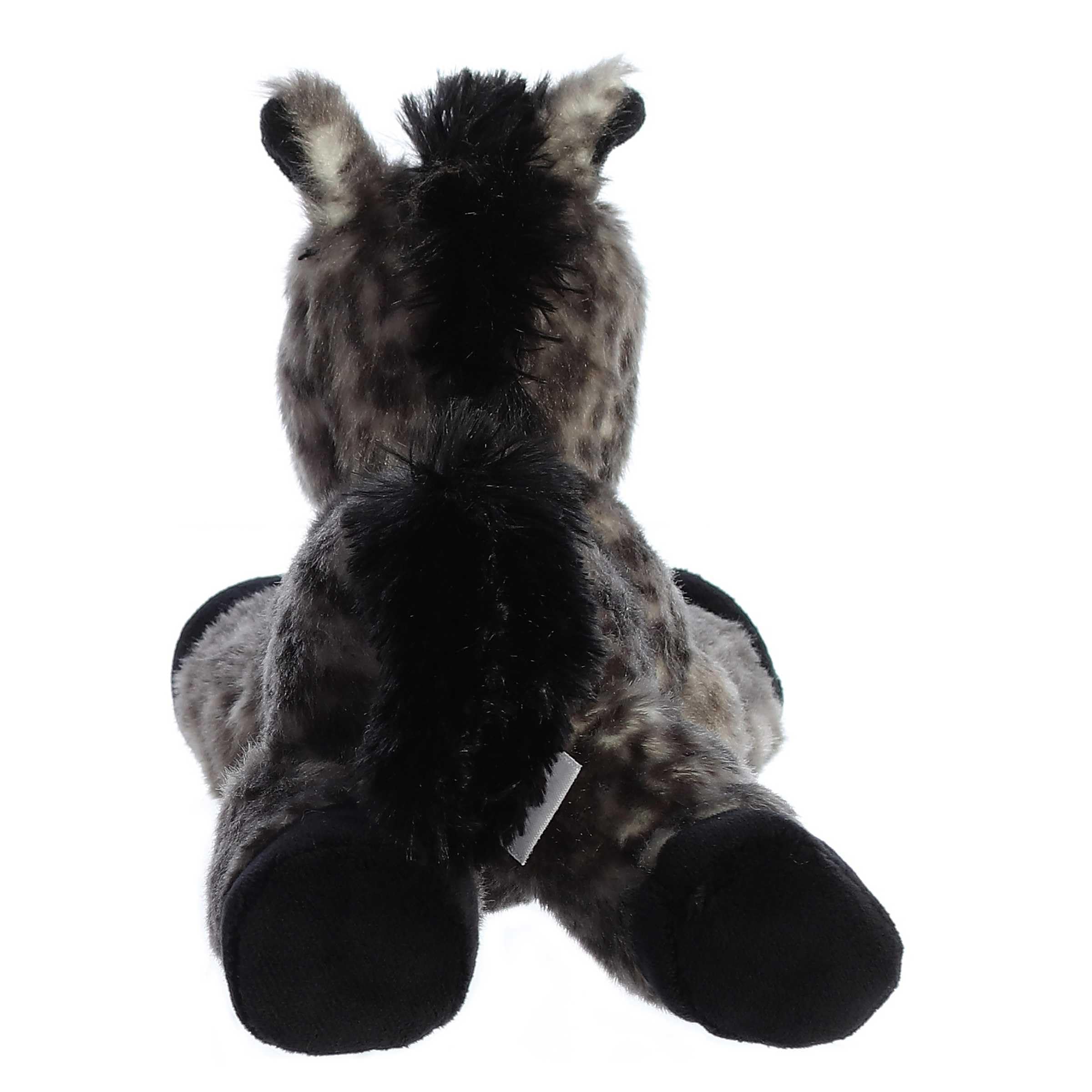 Aurora Storm plush close-up showing dark mane and bright eyes.