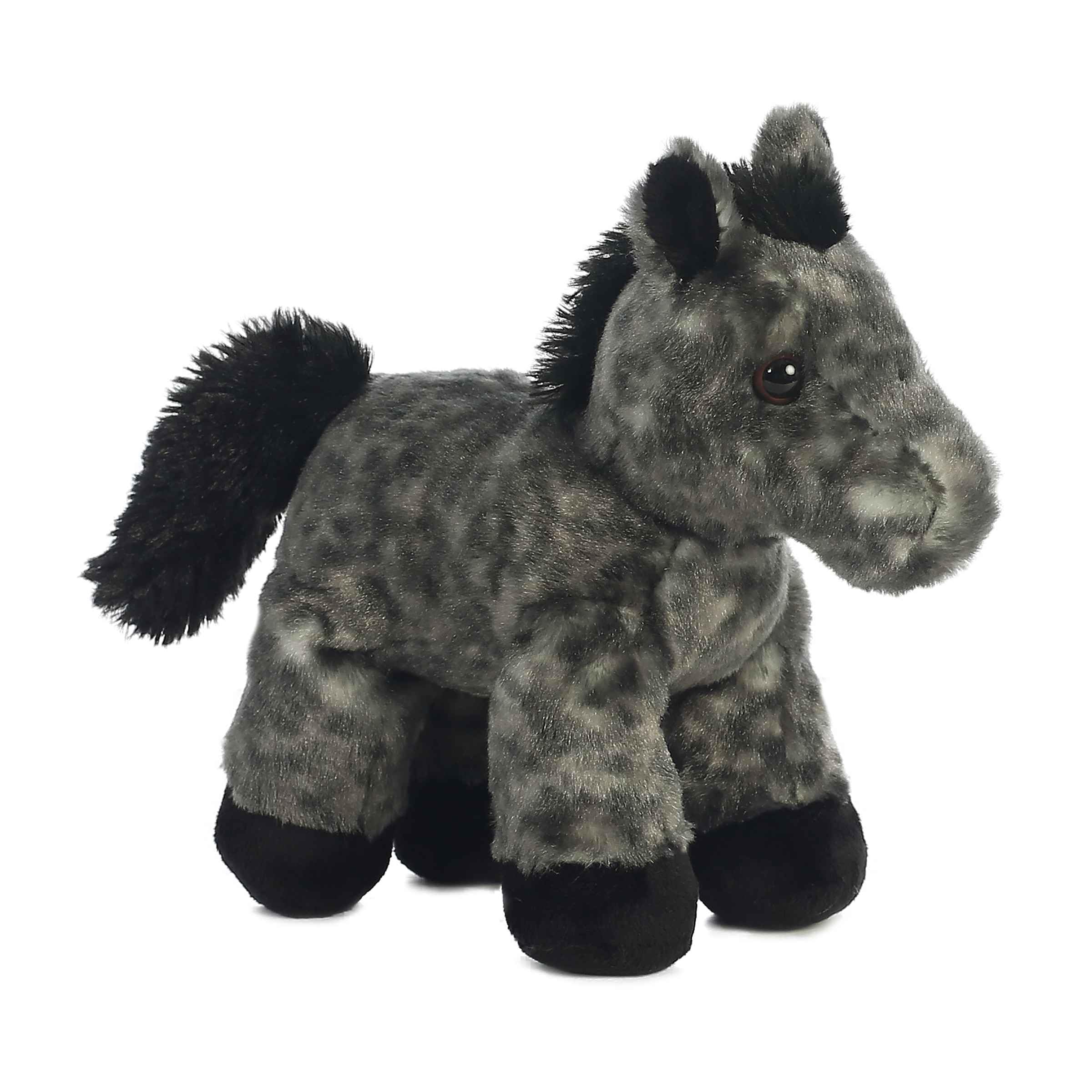 Aurora Storm plush with gray speckled fur and gentle expression.