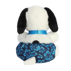 Aurora Surfer Snoopy plush on display, soft texture and playful design.