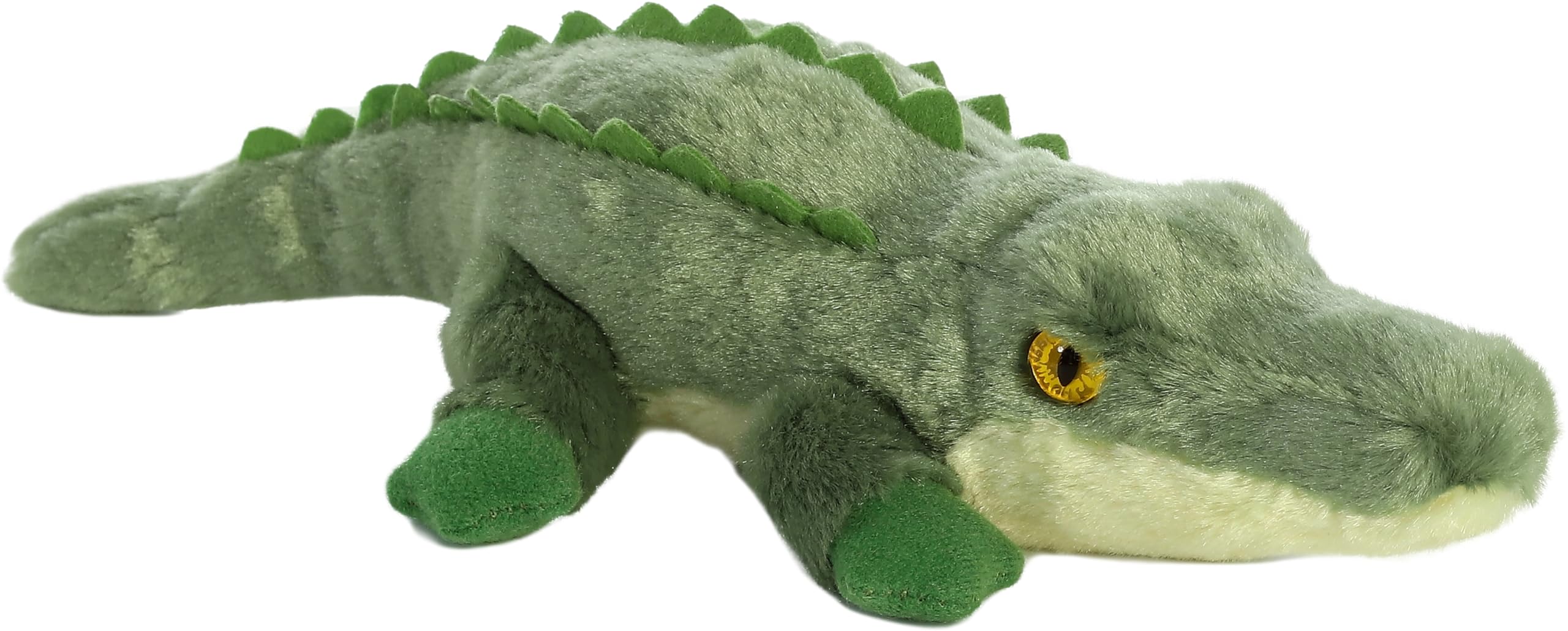Aurora Swampy mini alligator plush resting on belly, ideal for cozy cuddles.