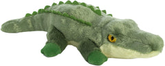Aurora Swampy mini alligator plush resting on belly, ideal for cozy cuddles.