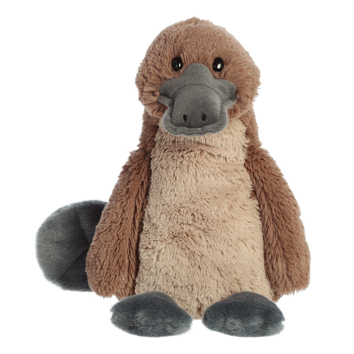 Aurora Talltales Platypus plush with brown body and navy bill, perfect for comforting snuggles
