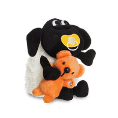 Aurora Timmy sheep holding teddy bear, comforting bedtime friend.
