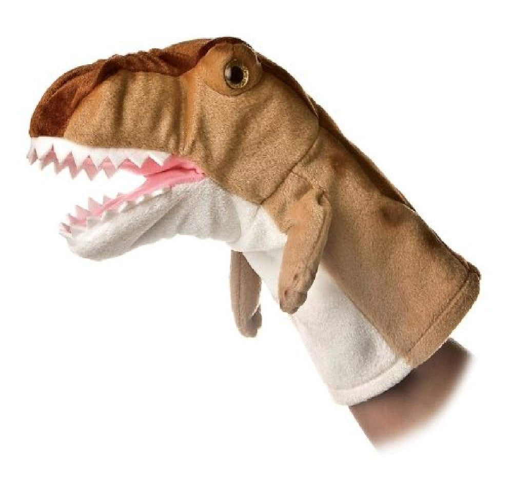 Aurora T-Rex hand puppet in brown, ideal for storytelling and interactive play.
