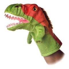 Aurora Velociraptor hand puppet in green for engaging storytelling and imaginative play.
