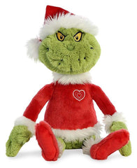 Aurora Grinch Santa plush close-up, fabric texture, cozy cuddle buddy for festive play.