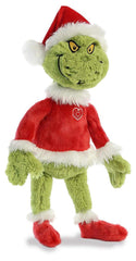 Aurora Whimsical Grinch Santa plush front view, soft holiday companion for kids and collectors.