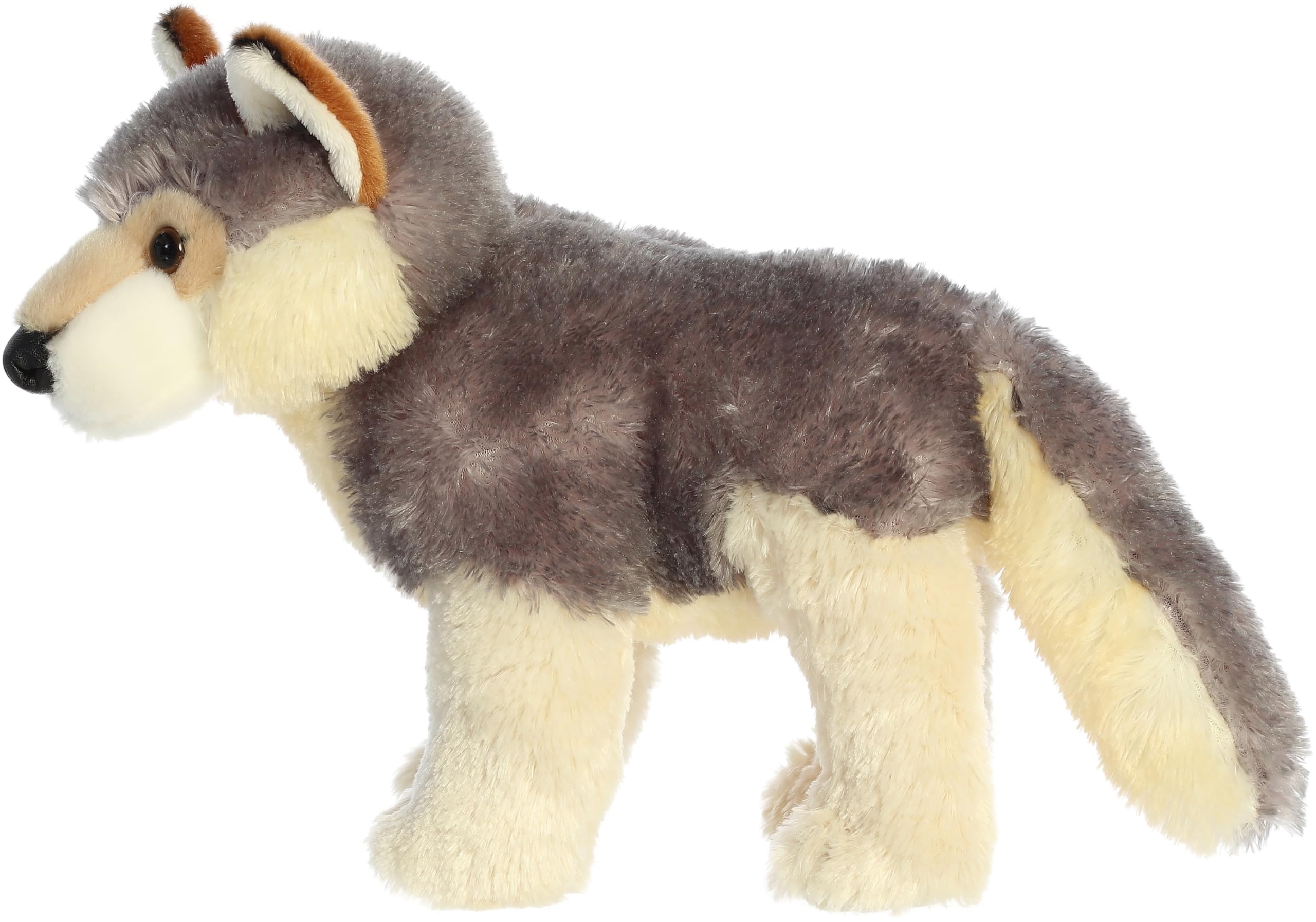 Aurora Wily Wolf Flopsie belly-resting pose highlights easy, playful lounging.