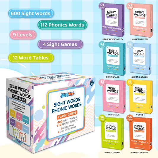 AuroTops 712 sight words flash cards back view with quick tips.