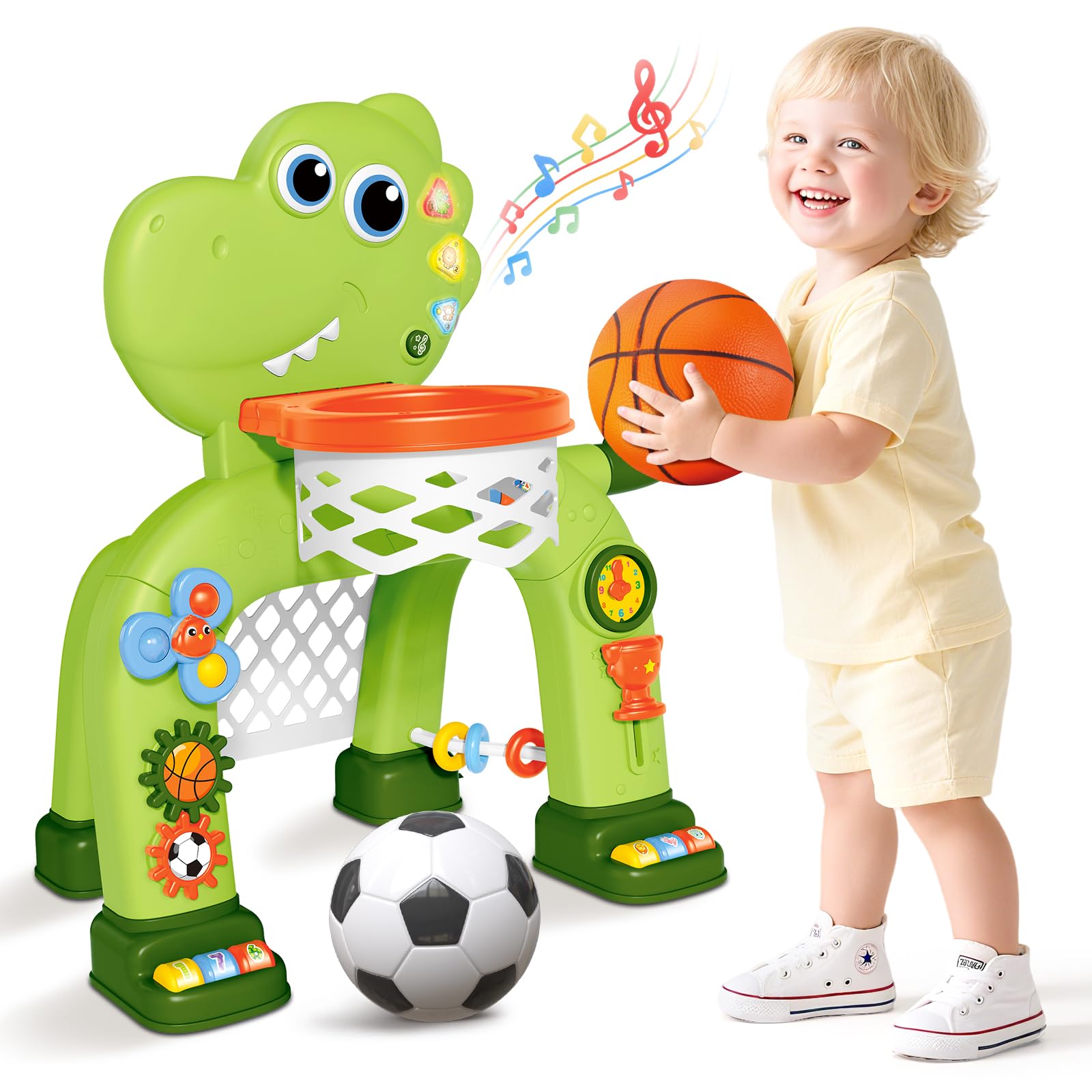AuroTops dinosaur basketball hoop with vibrant colors promotes active play.