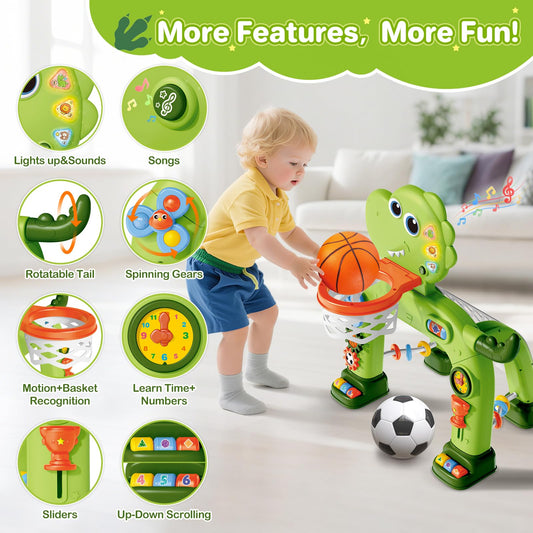 AuroTops dinosaur soccer goal inspires toddlers to practice kicking and coordination.
