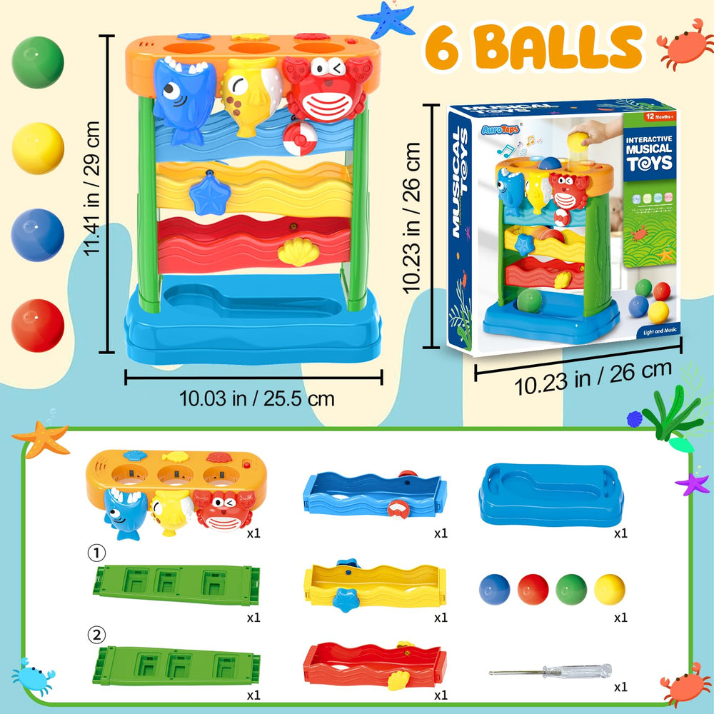 AuroTops yellow dolphin design stimulates coordination through ball pounding and music.