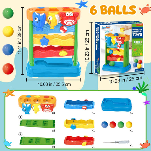 AuroTops yellow dolphin design stimulates coordination through ball pounding and music.