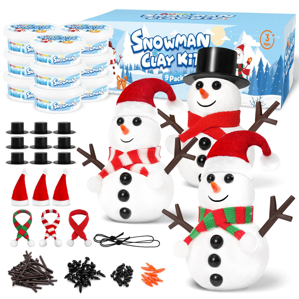 Aursy Snowman Kit with white clay and accessories for creative holiday crafts.