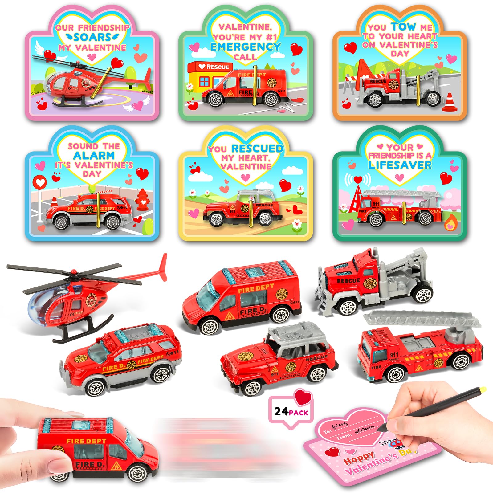 AuroTops die-cast fire rescue vehicles with valentines cards for classroom exchanges.