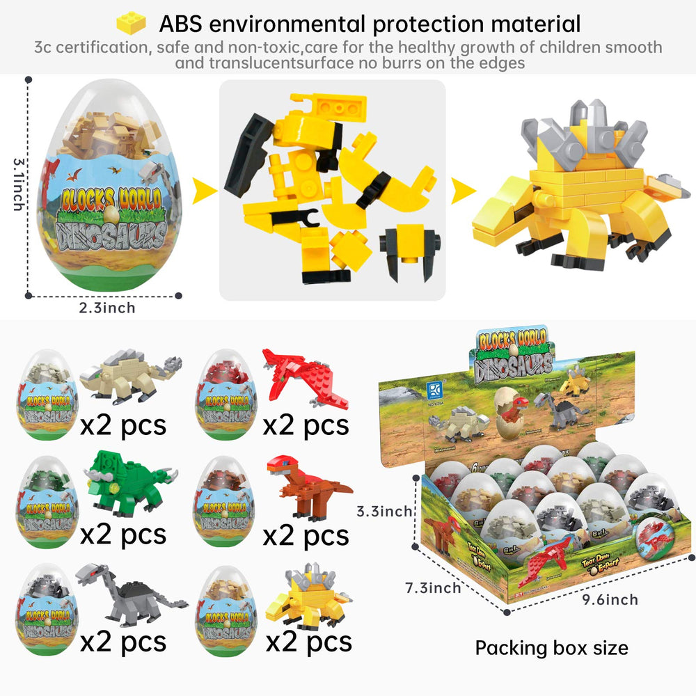 Auryee 12-piece pre-filled Easter eggs with dinosaurs for kids' Easter gifts.