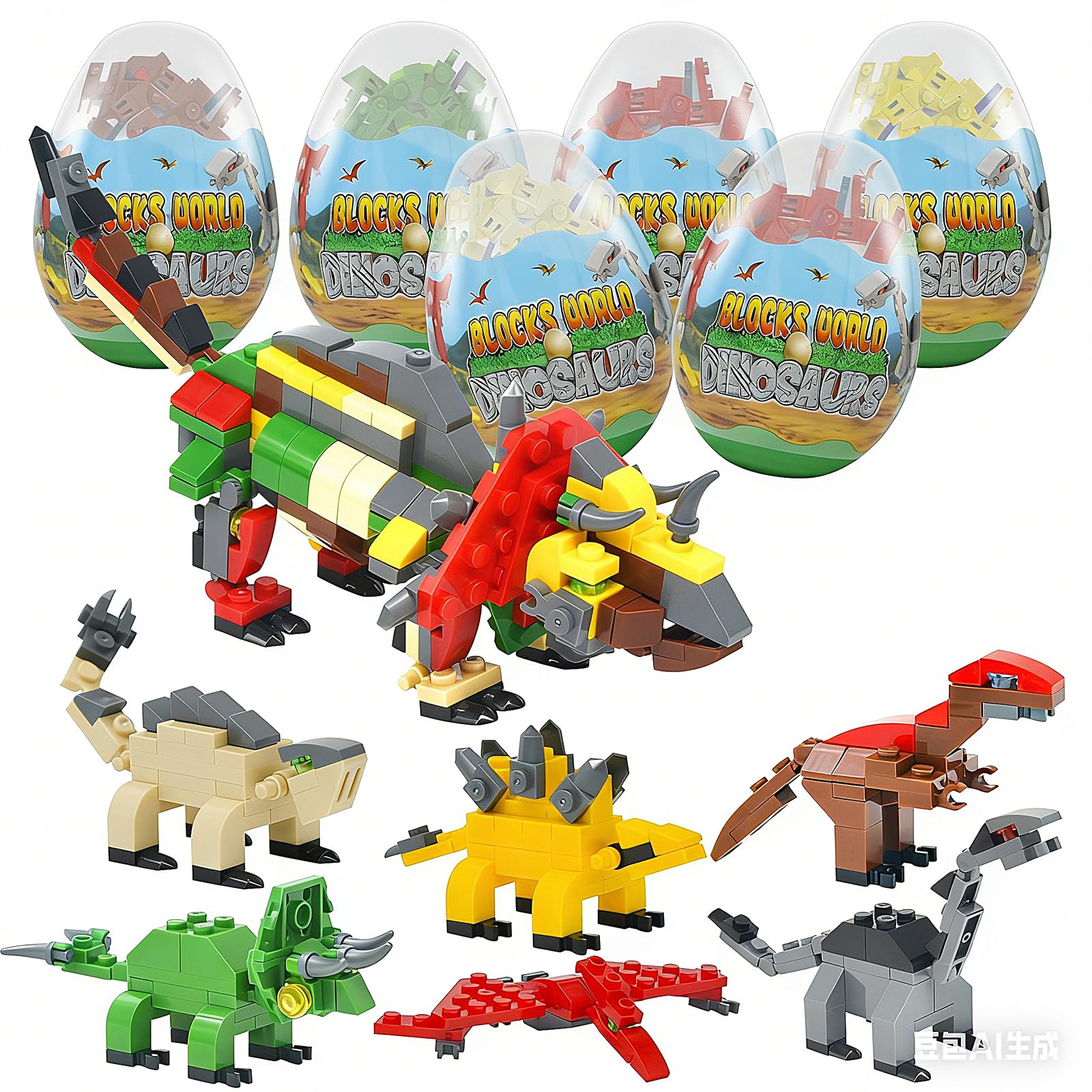 Auryee dinosaurs eggs building blocks set assembled for imaginative play and STEM learning.