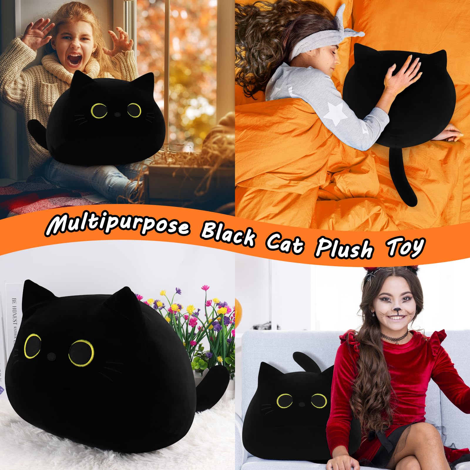 Auspicious Beginning black cat plush soft fabric enhances cuddly feel