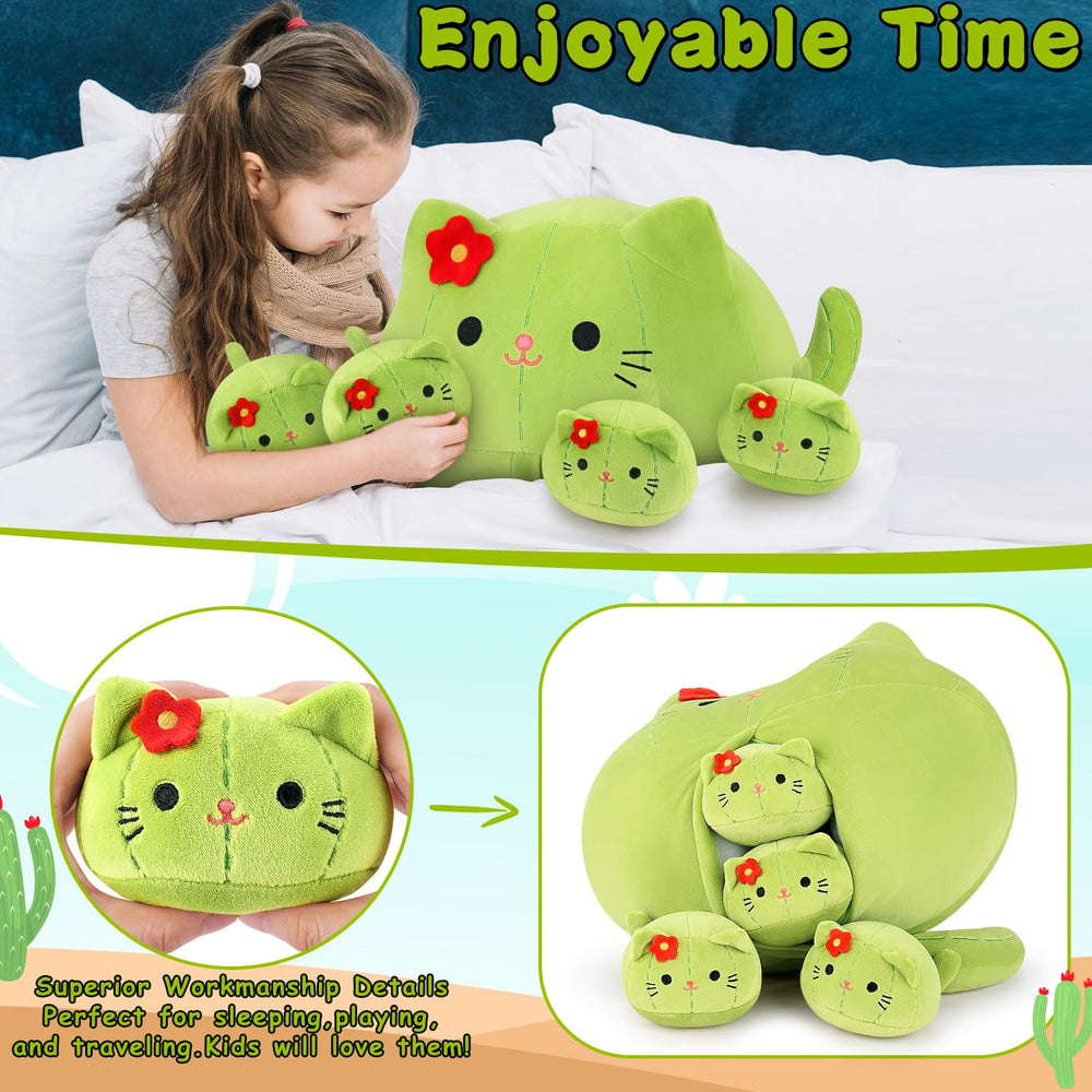 Auspicious Beginning cactus cat plush durable stitching for lasting use.
