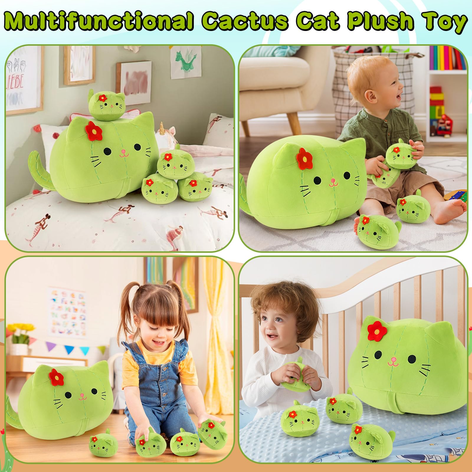 Auspicious Beginning cactus cat plush decor for home, desk, or shelf.