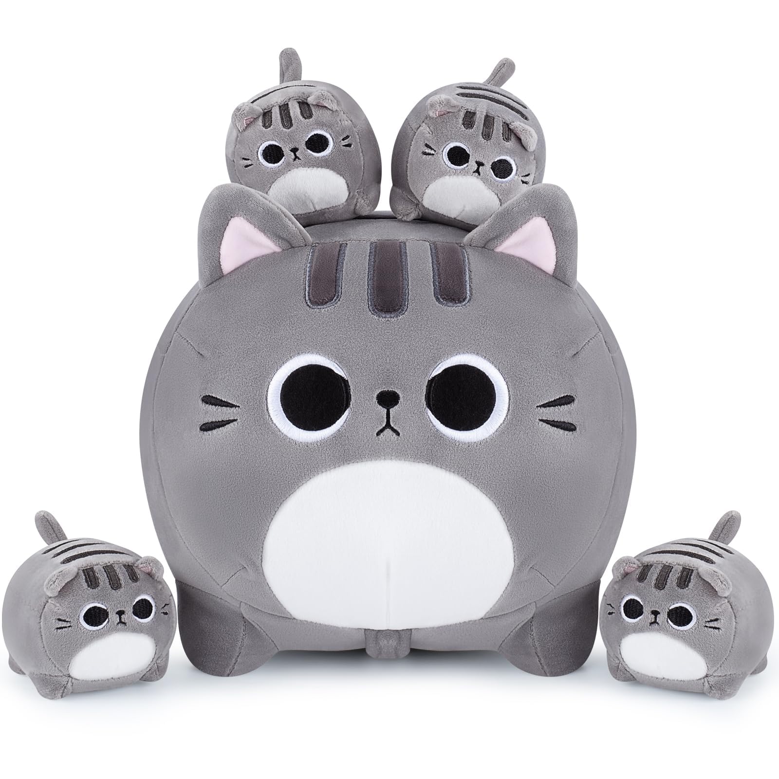 Auspicious Beginning grey cat mommy with kittens plush for cozy hugs.