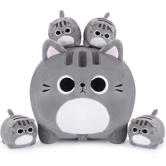 Auspicious Beginning grey cat mommy with kittens plush for cozy hugs.