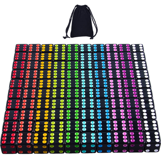 AUSTOR 100-piece black dice with colorful pips for versatile family gaming.